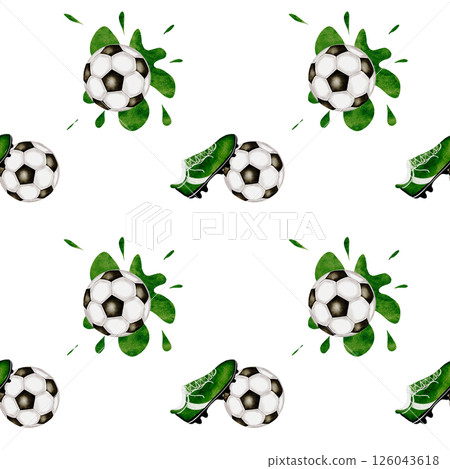 Football watercolor pattern. Seamless pattern of soccer balls and a football boot on a white background. Ideal for children's and sports textiles, equipment, packaging Football watercolor pattern. Seamless pattern of soccer balls and a football boot on a white background. Ideal for children's and sports textiles, equipment, packaging 126043618