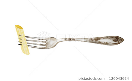Pasta on a fork watercolor drawing. Hand drawn illustration of a metal fork with penne. Clip art food. Italian pasta on a white background. Ideal for recipe books, restaurant menu posters and flour 126043624