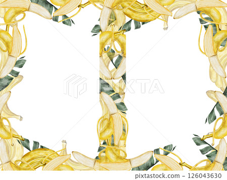 Banana watercolor frame. Hand drawn ripe tropical fruit and leaves. Clip art isolated on white background realistic exotic plant. Ideal for designing menus, price tags, labels and packaging of natural 126043630