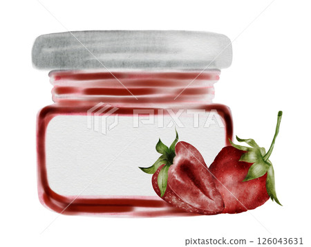 Jam strawberry jar watercolor. Hand drawn canned sweets on white background. Clip art food. Ideal for packaging goods with jam. Organic food 126043631