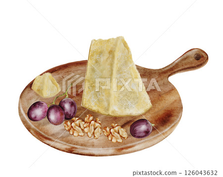Piece of cheese watercolor. Hand drawn parmesan on a wooden cutting board grapes and walnuts. Italian cheese with grapes on white background. Clip art food. Ideal for restaurant menus, recipe books 126043632