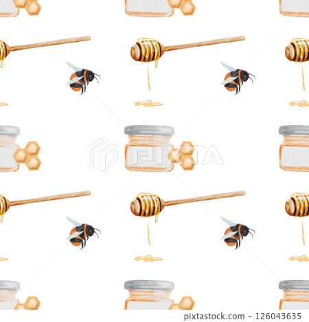 Pattern honey in jars and bees watercolor. Hand drawn seamless pattern. Clip art food. Ideal drawing for organic store packaging and kitchen textiles. 126043635