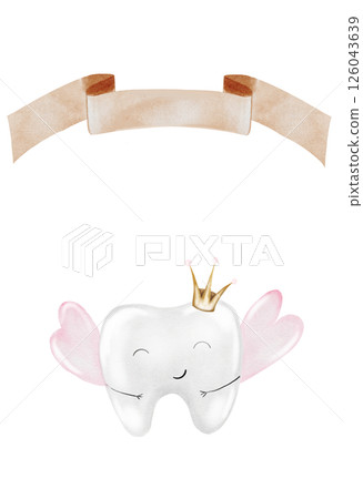 Baby tooth watercolor card. Cute cartoon molar with crown and a sign for the inscription on isolated white background. Dental clip art. Ideal for cards and invitations to the party baby's first tooth Baby tooth watercolor card. Cute cartoon molar with crown and a sign for the inscription on isolated white background. Dental clip art. Ideal for cards and invitations to the party baby's first tooth 126043639