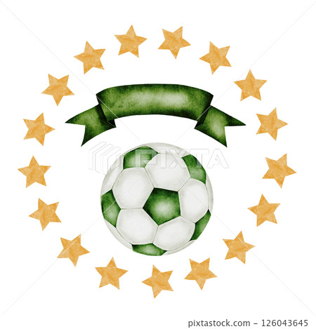 Soccer ball watercolor. Football ball and place for inscription framed by stars. Hand drawn illustration isolated on white background. Sports equipment. For football club logo, poster and football 126043645