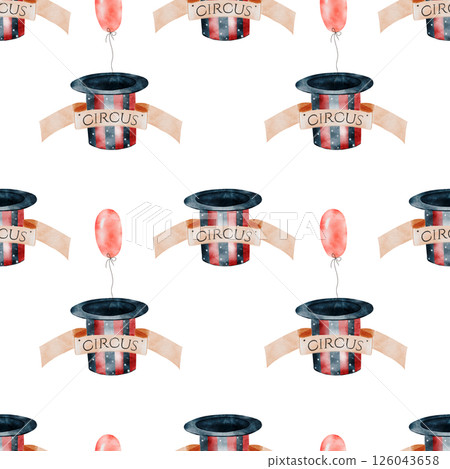 Circus watercolor pattern. Hand drawn circus cap, ballon and inscription on isolated white background. Perfect for cards for baby shower and birthdays 126043658