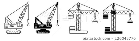 Construction Crane Icon Set. Simple Silhouette and Outline Style 126043776