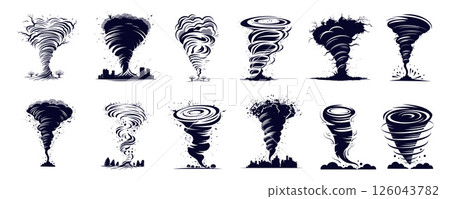 Whirlwind Tornado Silhouette Icon Set. Destructive Twister Collection Elements Whirlwind Tornado Silhouette Icon Set. Destructive Twister Collection Elements 126043782