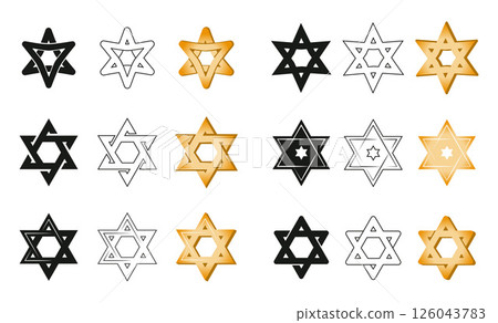 Star of David Icon Set. Hexagram Symbols in Silhouette, Line and Gold Styles Star of David Icon Set. Hexagram Symbols in Silhouette, Line and Gold Styles 126043783