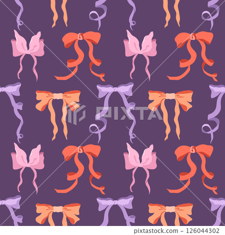 Colorful ribbon bows vector seamless pattern. Cute repeat tile. Pink, lilac, orange and red bowknots on dark purple background. Playful modern cartoon design for wrapping paper, fabric, packaging 126044302