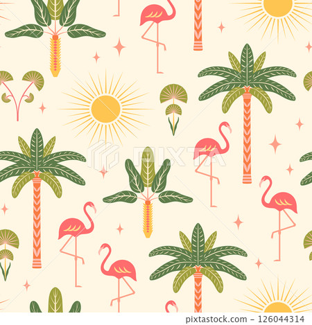 Tropical seamless pattern vector illustration. Modern exotic vacation repeat tile with flamingos, palm trees, sun in symmetrical Art deco style on light background. Cute boho summer vibes design Tropical seamless pattern vector illustration. Modern exotic vacation repeat tile with flamingos, palm trees, sun in symmetrical Art deco style on light background. Cute boho summer vibes design 126044314
