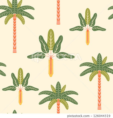 Palm trees vector seamless pattern illustration. Modern tropical summer repeating design with stylized symmetrical coconut and banana trees on a light background for fabric, decor in flat retro style 126044319