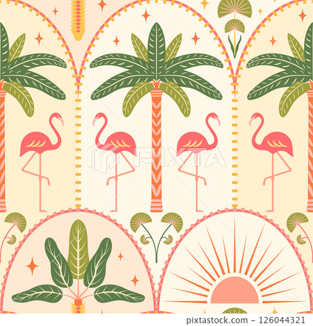 Tropical beach seamless pattern vector illustration. Flamingos, palm trees, sun in Art deco arches on a light background. Summer island vacation vibes repeat tile design in modern symmetrical style Tropical beach seamless pattern vector illustration. Flamingos, palm trees, sun in Art deco arches on a light background. Summer island vacation vibes repeat tile design in modern symmetrical style 126044321