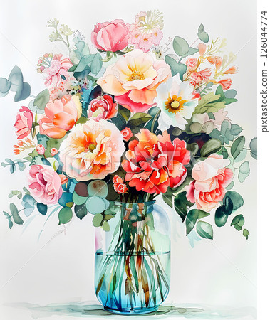 Delicate watercolor bouquet of roses and eucalyptus in a glass vase. Delicate watercolor bouquet of roses and eucalyptus in a glass vase. 126044774