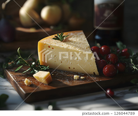 Photo of cheese with holes, red grapes on a rustic wooden board decorated with greenery. Photo of cheese with holes, red grapes on a rustic wooden board decorated with greenery. 126044789