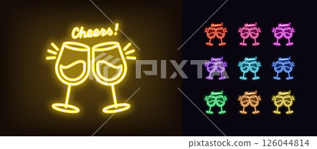 Outline neon cheers icon. Glowing neon wine glasses clink with text Cheers, celebrate holiday. Two wineglass clink, festive toast, birthday celebration, party fun with alcohol drinks. Vector icon set 126044814