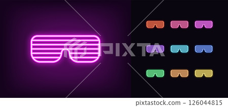 Outline neon shutter glasses icon. Glowing neon party sunglasses icon, retro style spectacles. Glamour club glasses, fashion sunglasses, party eyewear, disco style, dance eyeglass. Vector icon set 126044815