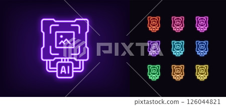 Outline neon AI generator icon. Glowing neon AI tool for creation graphic content, image generator. AI system for image generation by prompt text, chat bot with graphic edit tools. Vector icon set 126044821