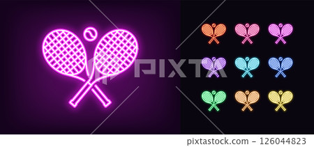 Outline neon tennis racket icon. Glowing neon rackets crosshair with ball, tennis game icon. Two rackets cross sign, tennis tournament and championship, sport court for training. Vector icon set Outline neon tennis racket icon. Glowing neon rackets crosshair with ball, tennis game icon. Two rackets cross sign, tennis tournament and championship, sport court for training. Vector icon set 126044823