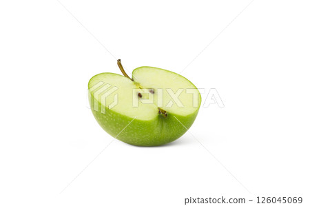 Slice of green apple isolated. Halved Granny Smith apple isolated on white background. Slice of green apple isolated. Halved Granny Smith apple isolated on white background. 126045069