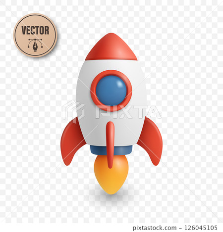 Vector 3D Cartoon Rocket, Front View. Minimalist Startup Spaceship Icon, Technology Launch Concept. Futuristic Transport, Toy Rocket Clipart, Innovation Symbol for Business or Kids Design 126045105
