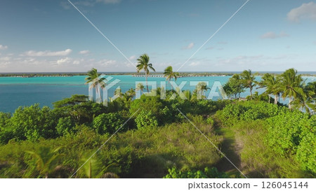 Stunning aerial view of a tropical island lush greenery, turquoise water, boats in lagoon. Palm trees sway gently in breeze, creating a serene paradise atmosphere. Exotic travel getaway. Drone flight 126045144