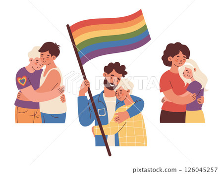 LGBT People set. Happy couple gently hugging and Holding Rainbow Flag. LGBTQ Pride Parade. Supporting diversity and self-expression. Vector Illustration for Pride Month, unity and equal love 126045257