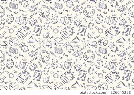 Seamless back to school pattern with doodle style book, globe, pencil, backpack and other education elements. DEsign for package, background. 126045258