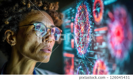 Focused female scientist examining a high-tech holographic interface with glowing digital data Focused female scientist examining a high-tech holographic interface with glowing digital data 126045431