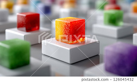 Colorful translucent cube with fizzy texture displayed on white pedestal, suggesting futuristic materials, innovation, or product display 126045432