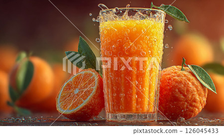 Bright orange juice splashing in a tall glass with fresh oranges on a vivid red background 126045433