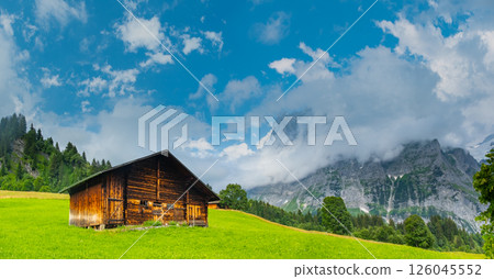 View on the alpine valley Grindelwald. Jungfrau, Switzerland. Under the Bernese alps. Mountain village. 126045552