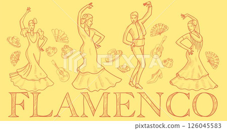Elegant flamenco dancers hand drawn. vector horizontal background 126045583
