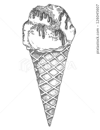 Ice Cream cone with chocolate topping and sprinkles hand drawn vector food illustration. Line art graphic of dessert in the sketch style perfect for menu or product creation and package design. 126045607