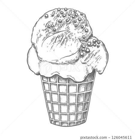 Ice Cream cup with topping of crispy sprinkles hand drawn vector food illustration. Line art graphic of dessert in the sketch style perfect for menu or product creation and summer package design. Ice Cream cup with topping of crispy sprinkles hand drawn vector food illustration. Line art graphic of dessert in the sketch style perfect for menu or product creation and summer package design. 126045611