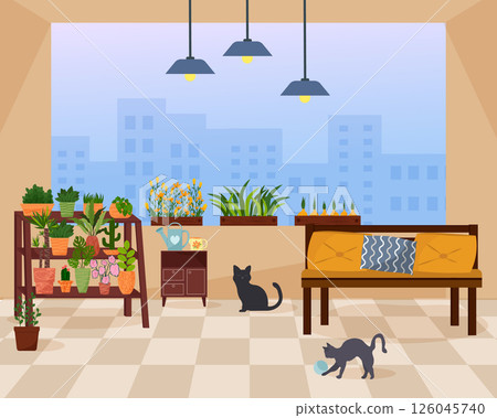 Plant garden on city home balcony. House terrace with green plants. Sofa with pillows. Flowers and boxes for seedlings. Place for rest. View of city and buildings. 126045740