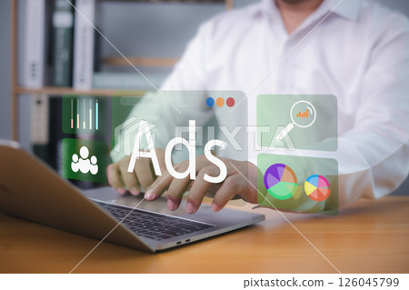 Ad, Market, Product ads, Online advertising concept Internet advertising digital marketing social media, Man using laptop with Ads dashboard digital marketing strategy analysis research for branding. 126045799