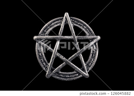 Metal pentagram symbol isolated on black background with clipping path 126045882