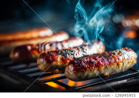 Grilled sausages on barbecue with smoke and flames Grilled sausages on barbecue with smoke and flames 126045955