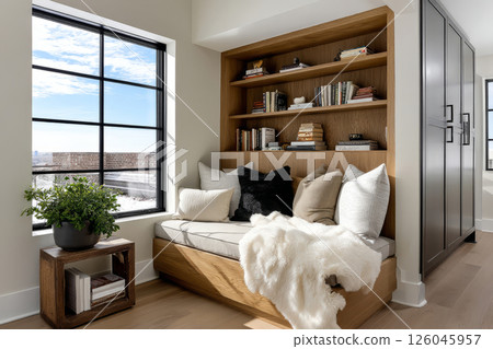 Cozy reading nook with window and bookshelf Cozy reading nook with window and bookshelf 126045957