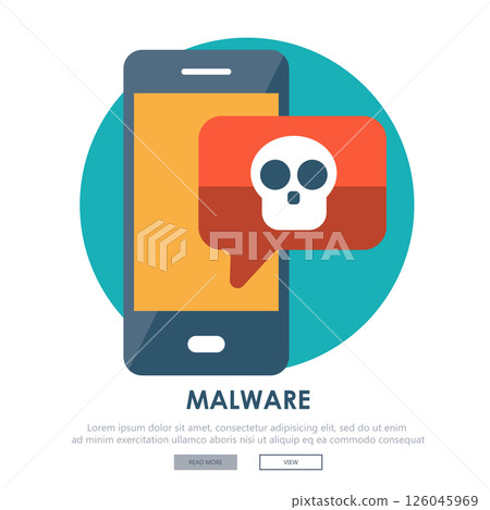 Document with malware in laptop. Concept of virus, piracy, hacking and security. Website banner of e-mail protection, anti-malware software. Flat vector illustration. Document with malware in laptop. Concept of virus, piracy, hacking and security. Website banner of e-mail protection, anti-malware software. Flat vector illustration. 126045969