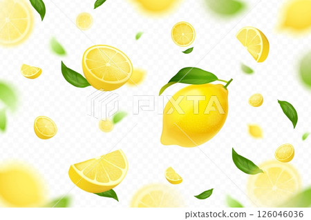 Realistic falling lemons. Flying citrus 3d fruit fall piece, juicy yellow orange ripe lemon fly slice fresh lemonade summer banner, drink advertising exact vector illustration 126046036