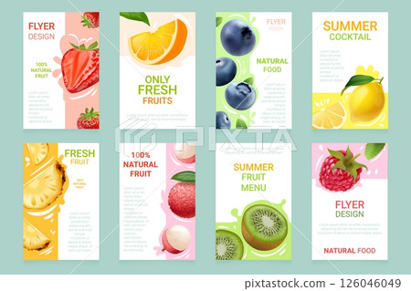 Realistic fruit flyers. Summer fruits menu design template, ripe fresh tropical exotic juice sweet healthy food abstract background brochure cards, 3d exact vector illustration Realistic fruit flyers. Summer fruits menu design template, ripe fresh tropical exotic juice sweet healthy food abstract background brochure cards, 3d exact vector illustration 126046049