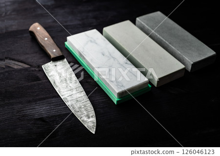 Large Sharp Kitchen Knife And Set Of Sharpening Stones Large Sharp Kitchen Knife And Set Of Sharpening Stones 126046123