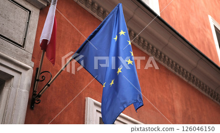 European Union Flag Waving In The City, Eu Main Symbol At A Polish Street 126046150