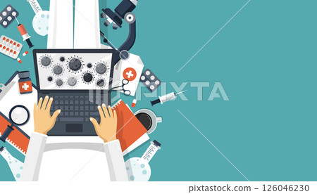 Scientist in white suit sitting on the floor and holding lap top with virus molecules on the screen. Scientist trying to find a cure concept. Flat vector illustration Scientist in white suit sitting on the floor and holding lap top with virus molecules on the screen. Scientist trying to find a cure concept. Flat vector illustration 126046230