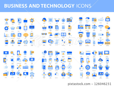 Business and marketing, programming, data management, internet connection, social network, computing, information. Icons set. Flat vector illustration	 126046231
