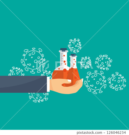 Medical bottle and coronavirus molecules. Coronavirus, Covid-19. Outbreak. Flat vector illustration	 126046234