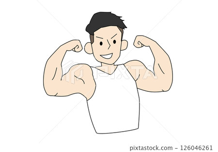 一位英俊的男子漢擺出肌肉發達的姿勢的插圖 126046261
