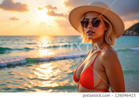 Woman in red bikini and hat at sunset. 126046423