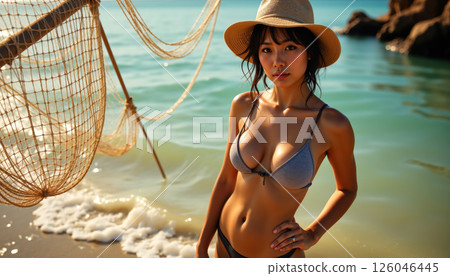 A woman in a bikini at the beach. 126046445